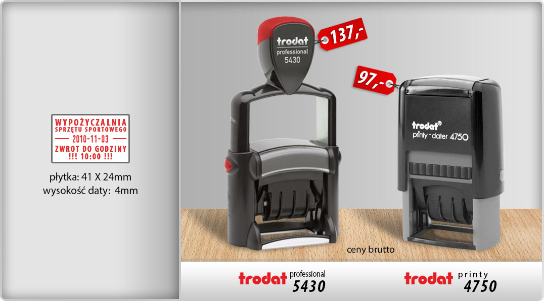 Datowniki z płytką tekstową Datownik szkieletowy Trodat Professional 5430 i plastikowy Printy 4750