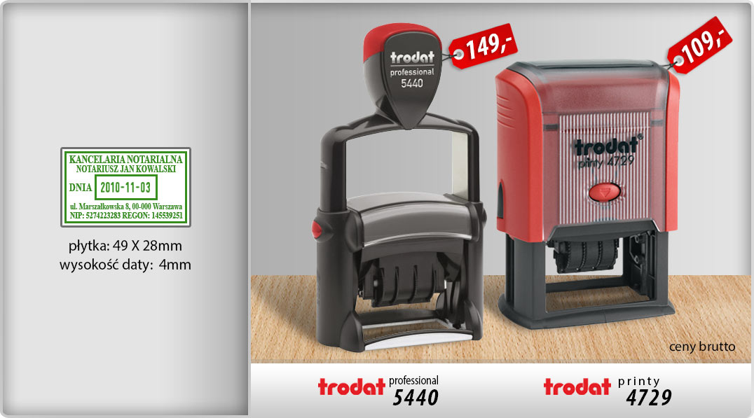 Datowniki z płytką tekstową professional 5440 i printy 4729 Datownik szkieletowy Trodat Professional 5440 i plastikowy Printy 4729