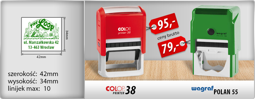 Pieczątki nietypowy rozmiar Wagraf Polan 55 - 79zł, Colop Printer 38 - 95zł