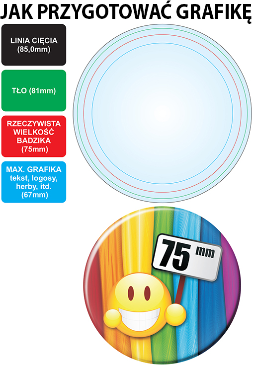 badzik 75mm Przypinki reklamowa o średnicy 75mm Warszawa